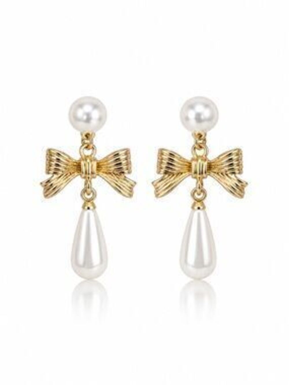 Gold Bow and Pearl Drop Earrings - Elegant White Pearl Dangle